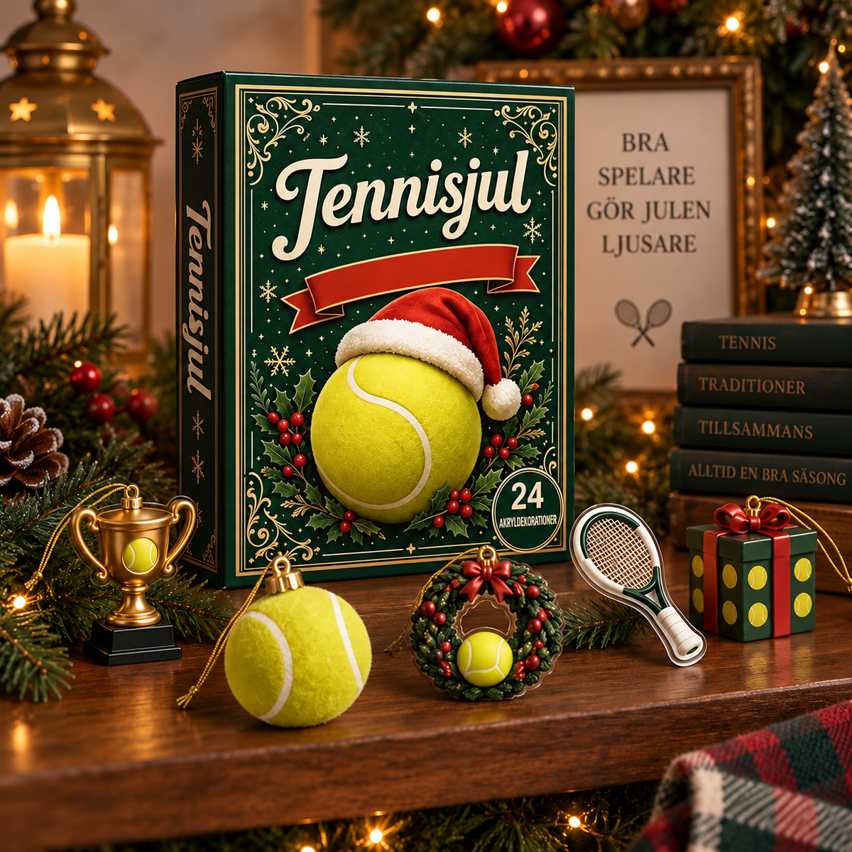 Tennisdekorasjoner i akryl med julemotiv